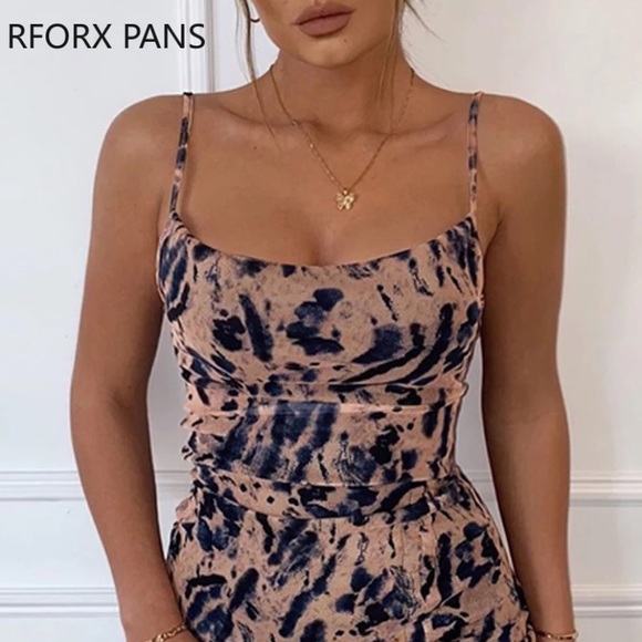 Floral Print Women Bodycon Dress Strap Skinny Mini Sundress Slit Hem Fashion NWT - Picture 3 of 13